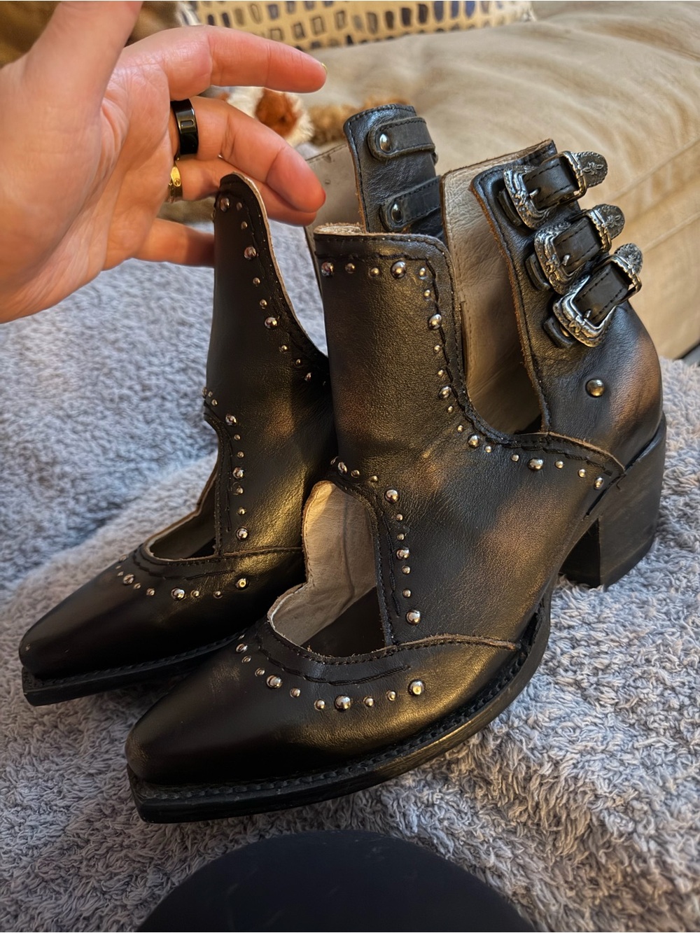 Freebird by Steven Melody Black Studded Leather Booties with Triple Buckles EUC